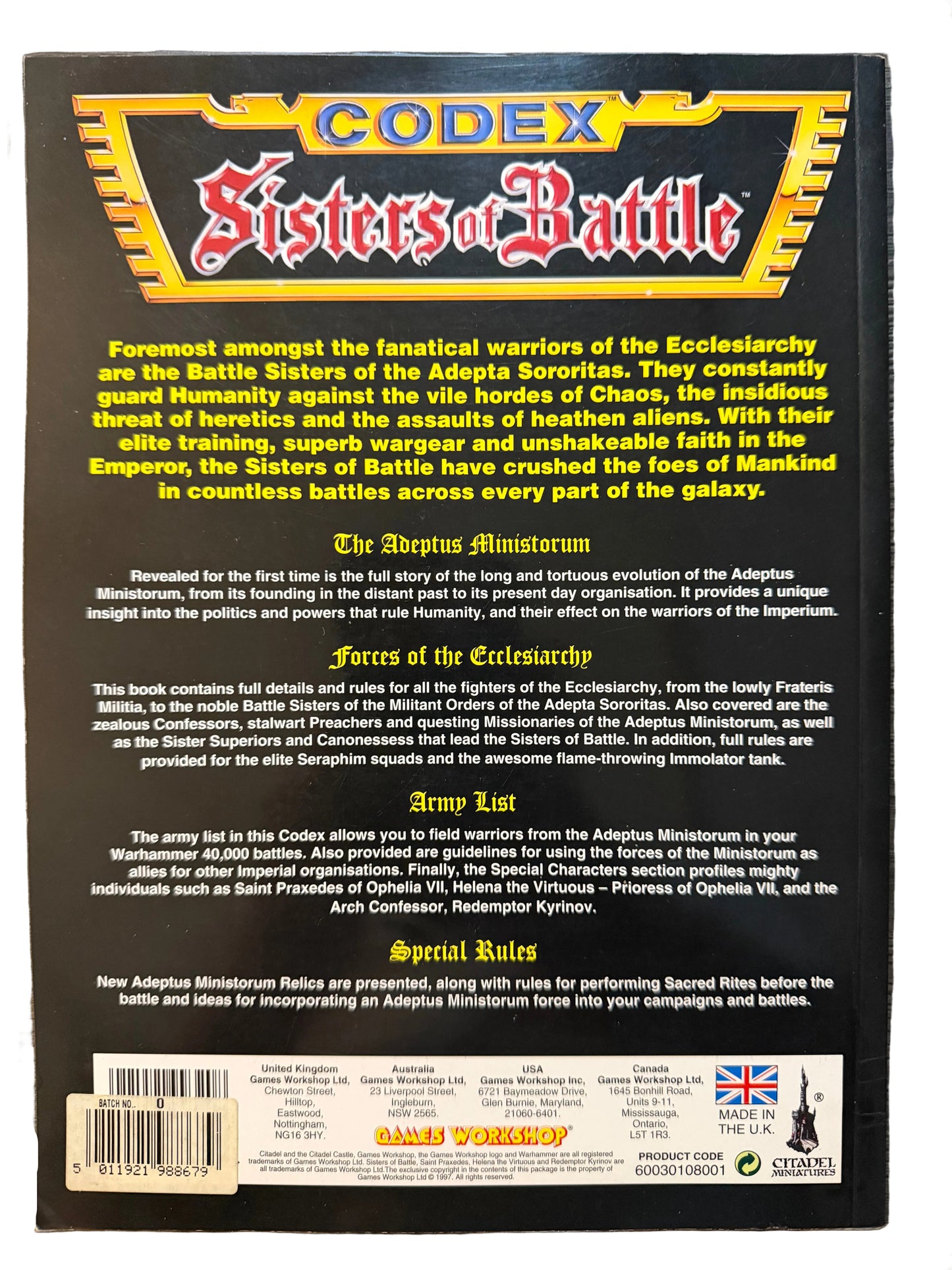 Warhammer 40K Sister of Battle Codex Second Edition